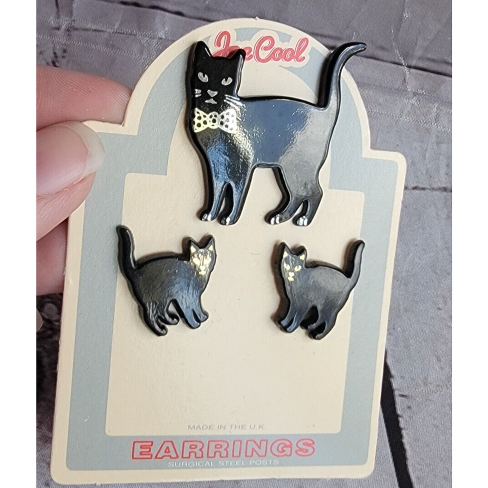 New Old Stock Joe Cool Black Cat With Bowtie Pin/brooch And Stud Earings
